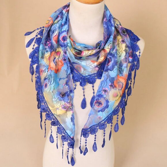 2/$30 Blue Floral Lace Fringe Scarf Shawl Wrap Sheer Lightweight Boho Vintage - Picture 7 of 7